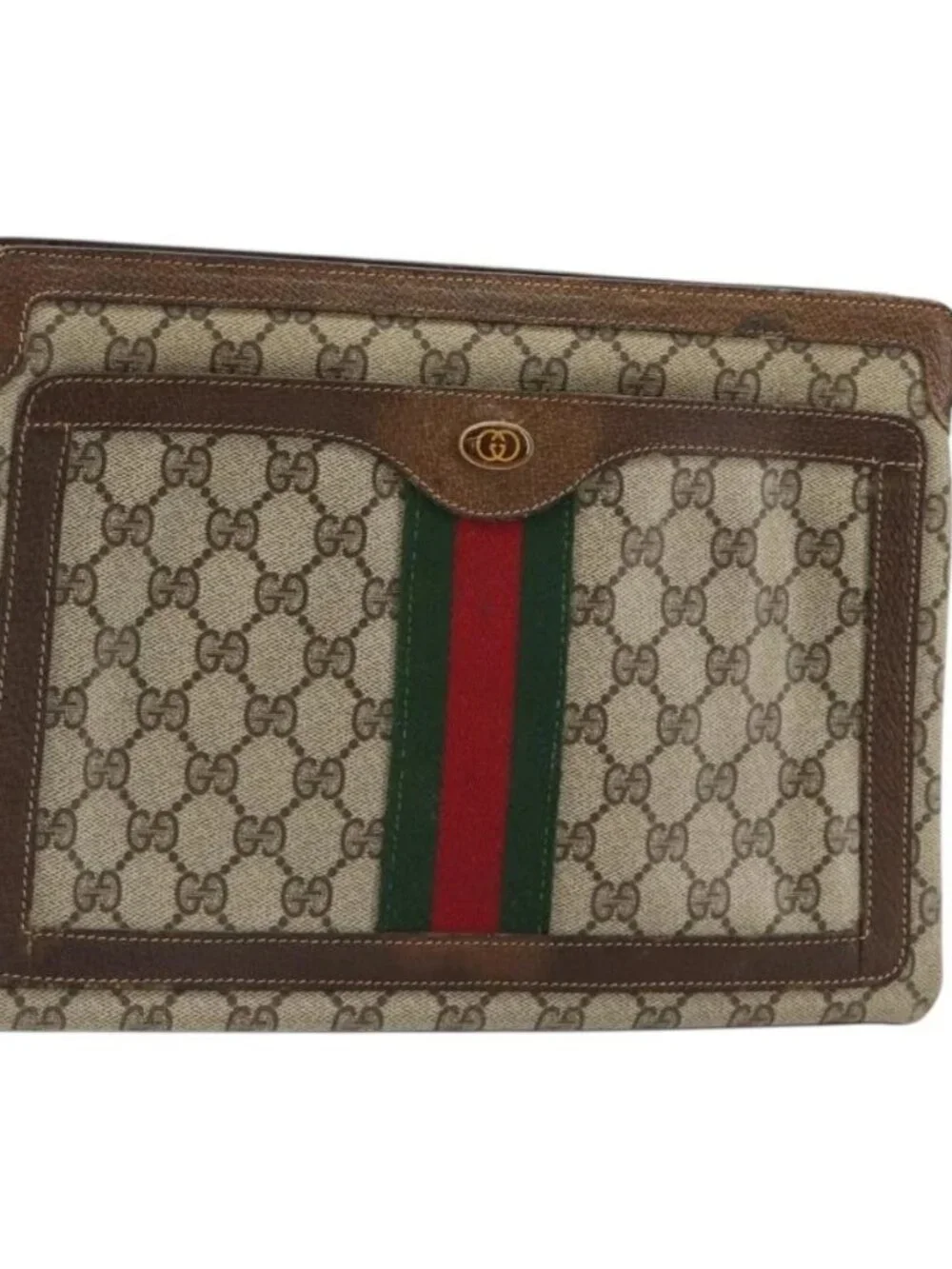 GUCCI GG Supreme Web Sherry Line Clutch Bag PVC Beige Gold Auth 182207